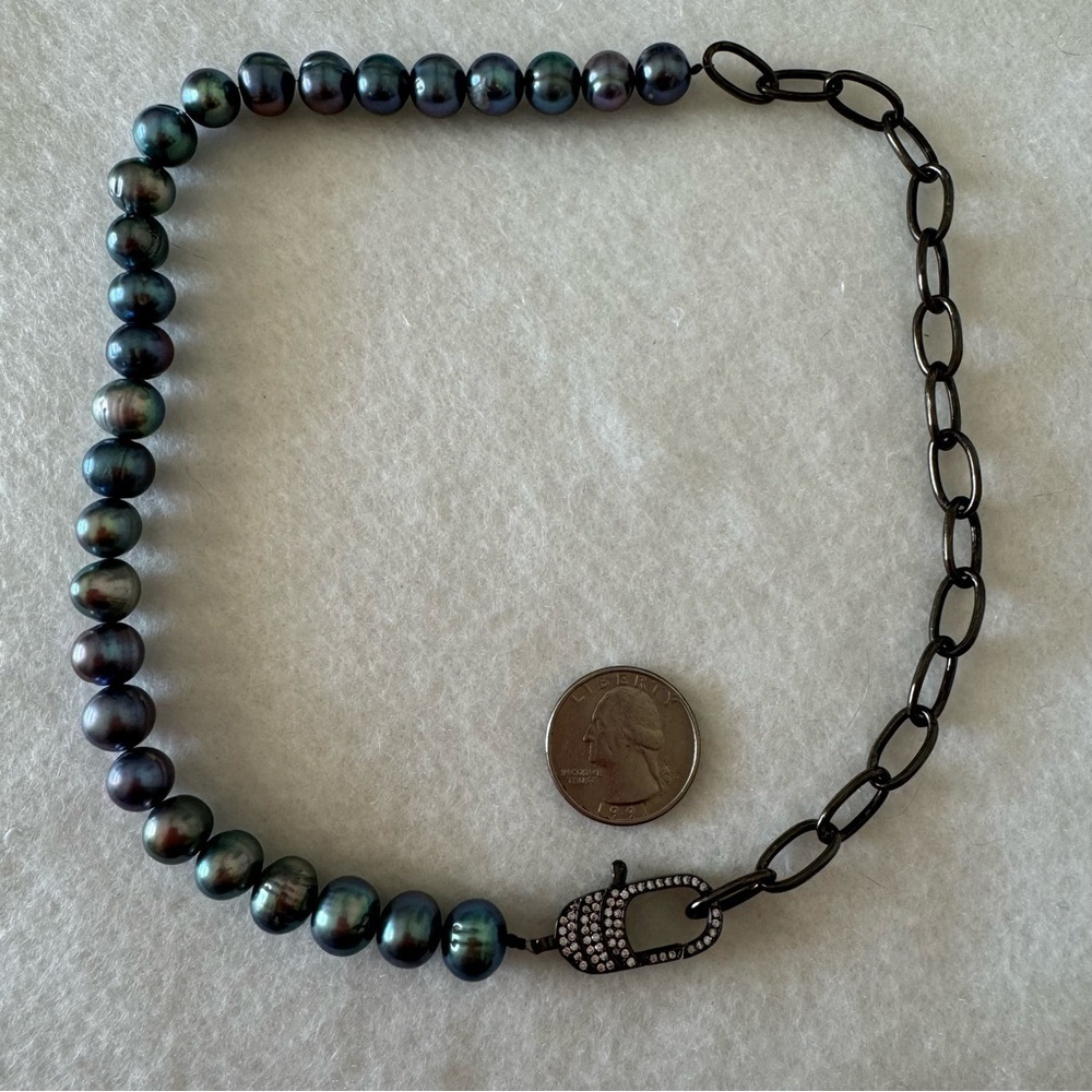 Artisan Black Sterling Silver Gray Pearl Metal Chain Diamond Necklace NEW - Picture 9 of 17